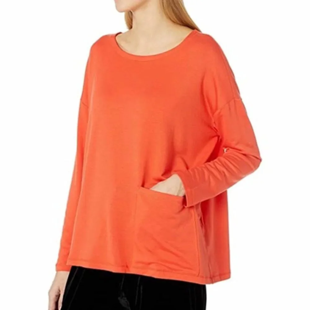 Eileen Fisher Tencel Stretch Terry Patch Pocket Long Sleeve Top Hot Red Orange M - Picture 15 of 15